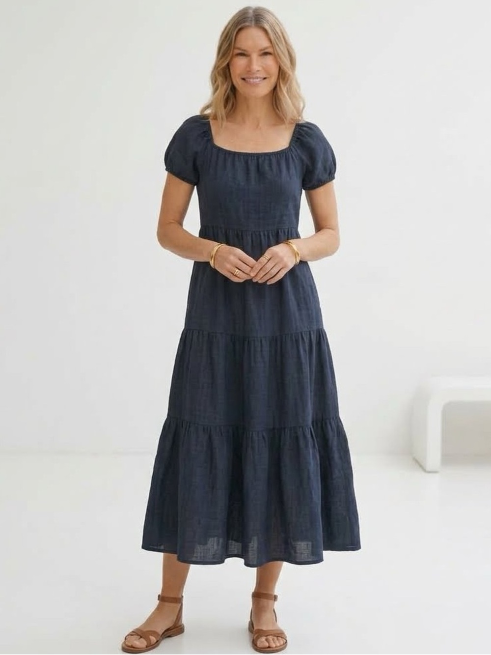 Young Fabulous & Broke Puff Sleeve Tiered‎ Maxi Dress w/Pockets, Black, Size S